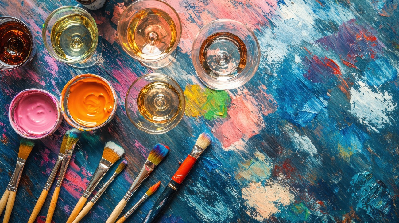 canvas with multiple paint colors and brushes, and cocktail glasses