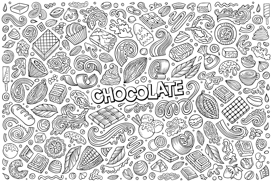 coloring book image of candy and word chocolate