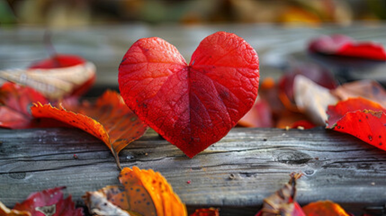 heart-shaped leaf and other leaves laying on wood