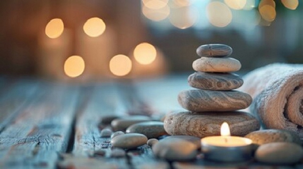 stacked rocks with candlelight