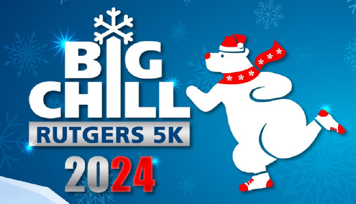 Cartoon polar bear on ice skates. Text reads Big Chill Rutgers 5k 2024