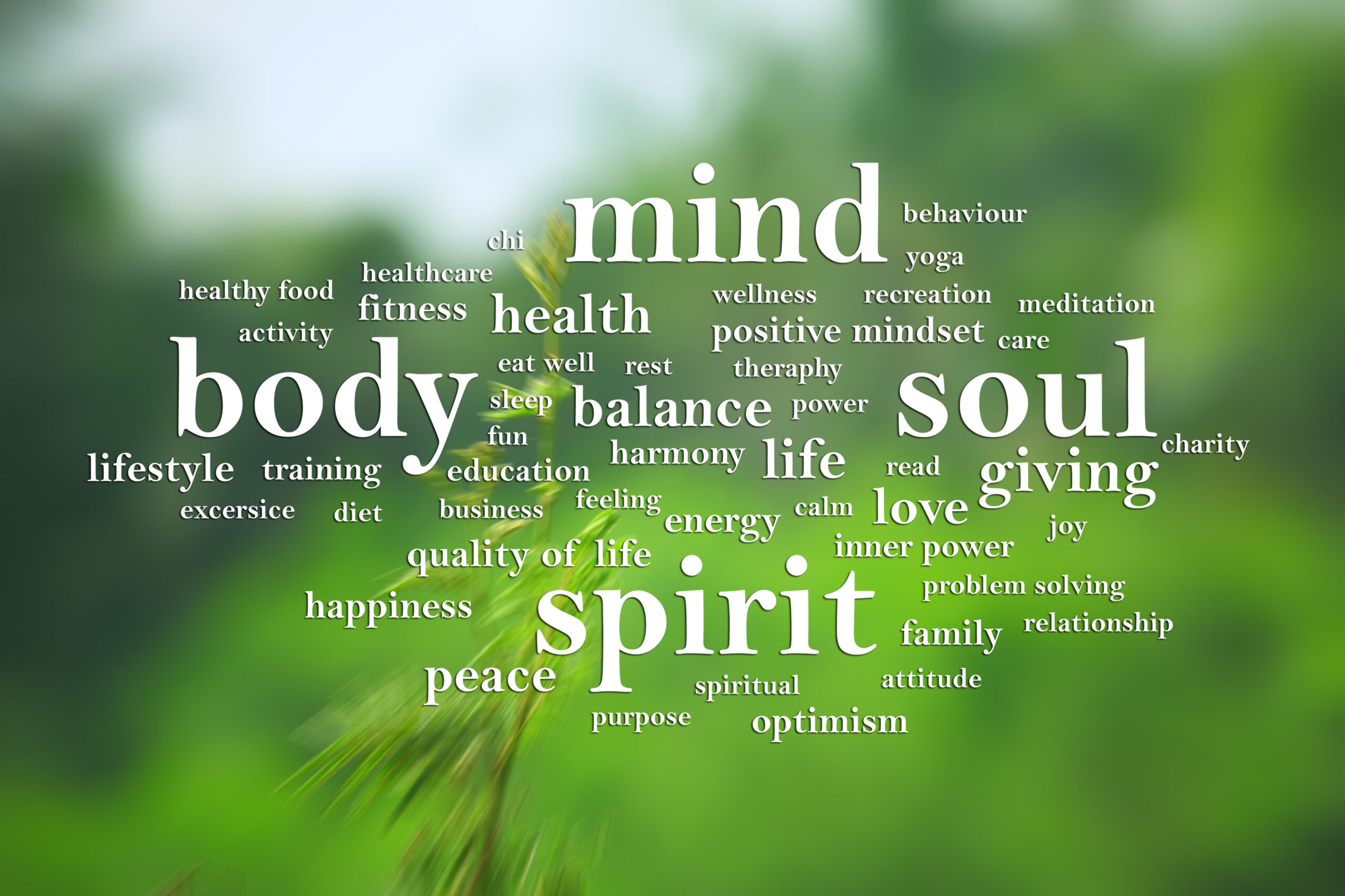 Word collage including mind, body, spirit, soul