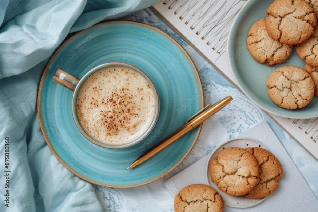 Cup of coffee on saucer with cookies, notebook and pen on side