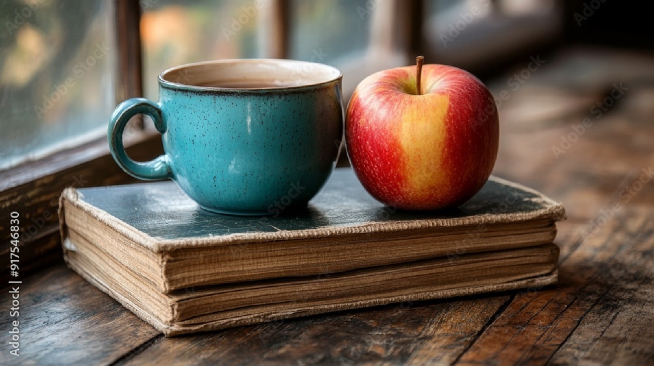 cup of coffee and apple sitting on stack of books