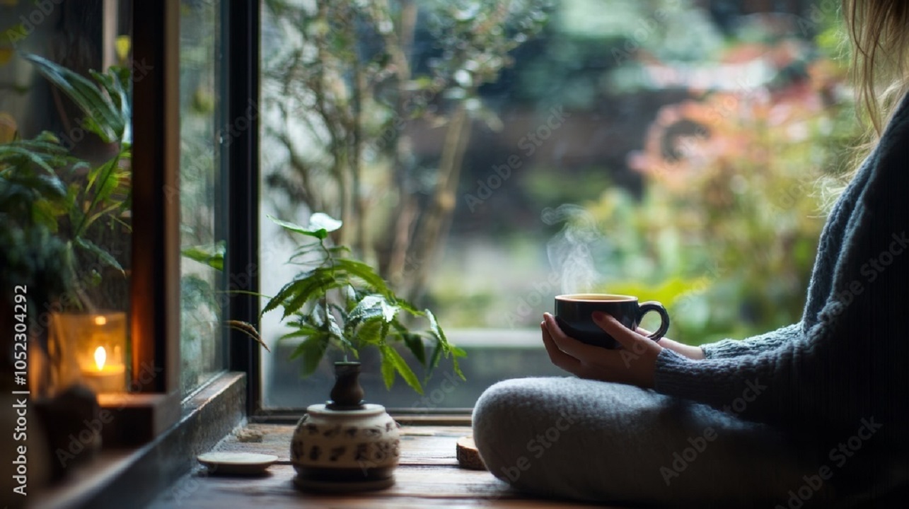 woman sitting cross legged by window, holding hot beverage, candle burning,