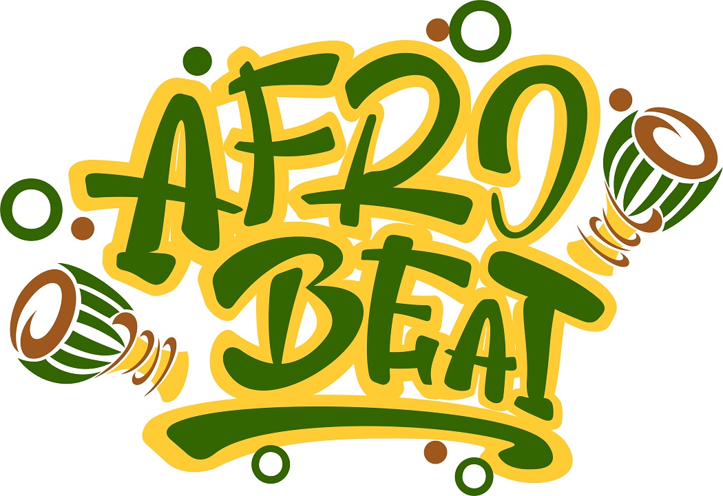 The words afro beat with percussion instrument, green and yellow font