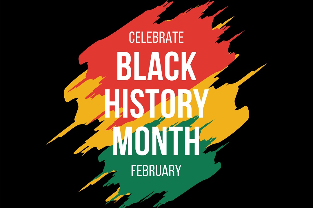 flyer saying Celebrate Black History Month, black background, with red, yellow and green paint streaks