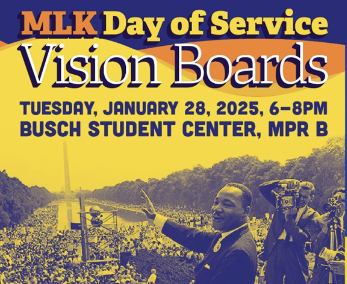 flyer for MLK Day of Service vision board event, with MLK Jr and crowd in background