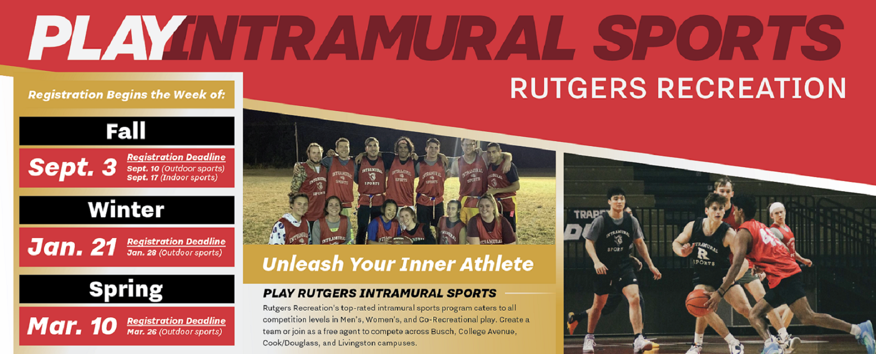 Image of flyer for Rutgers Intramural Sports and young adults participating in team sports