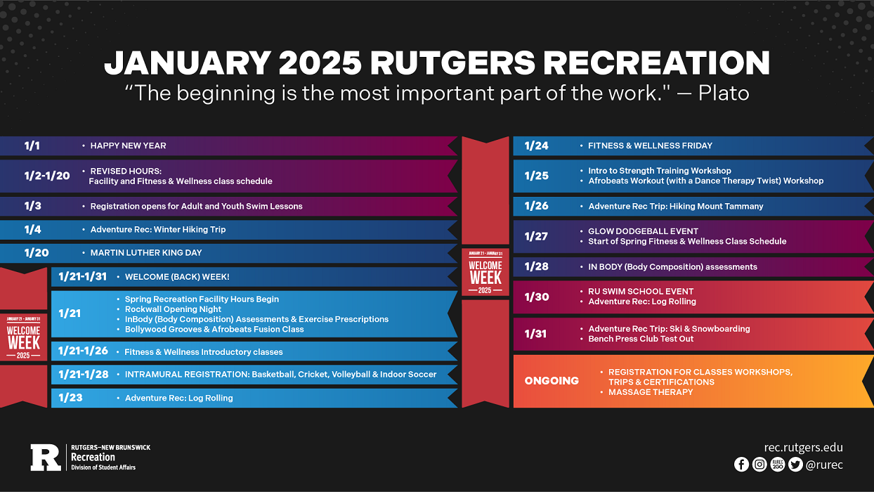 calendar listing of Rutgers Rec events, black background, range of colors for events