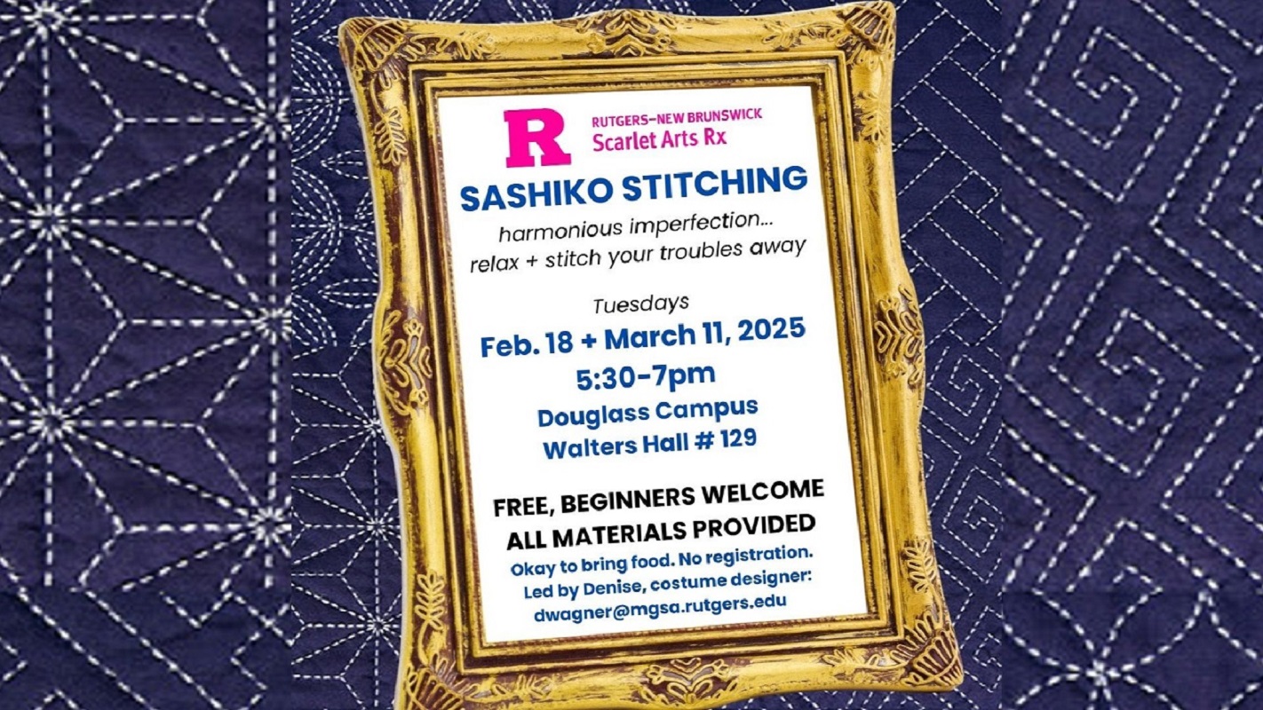 Flyer for sashiko stitching class in gold frame, with stitched blue fabric in background