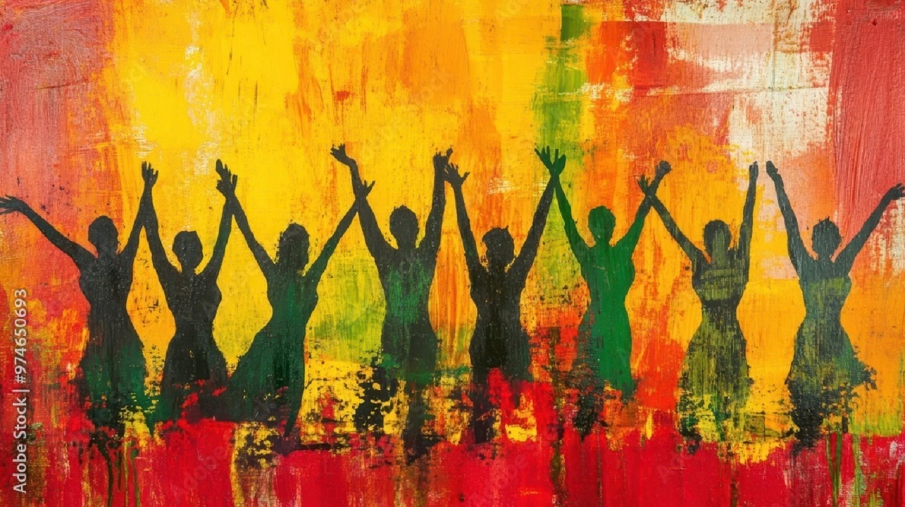 silhouettes of 8 people dancing in a line, with red, yellow and green painted background