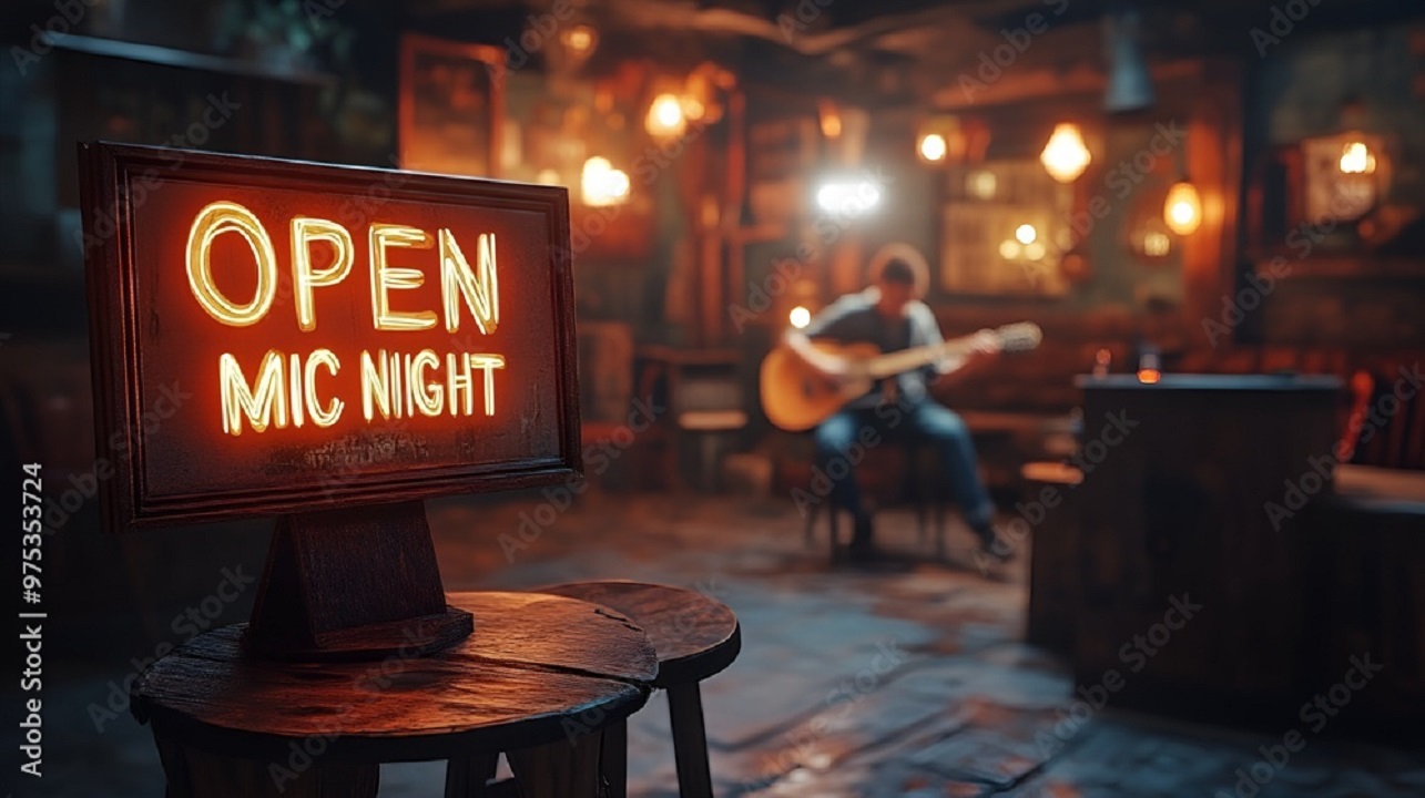 blurred image of male seated in bar or restaurant playing guitar, with words Open Mic Night lit up