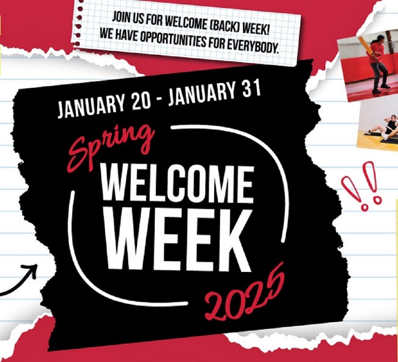 flyer with black background and white font announcing Spring 2025 welcome week Jan 20-31