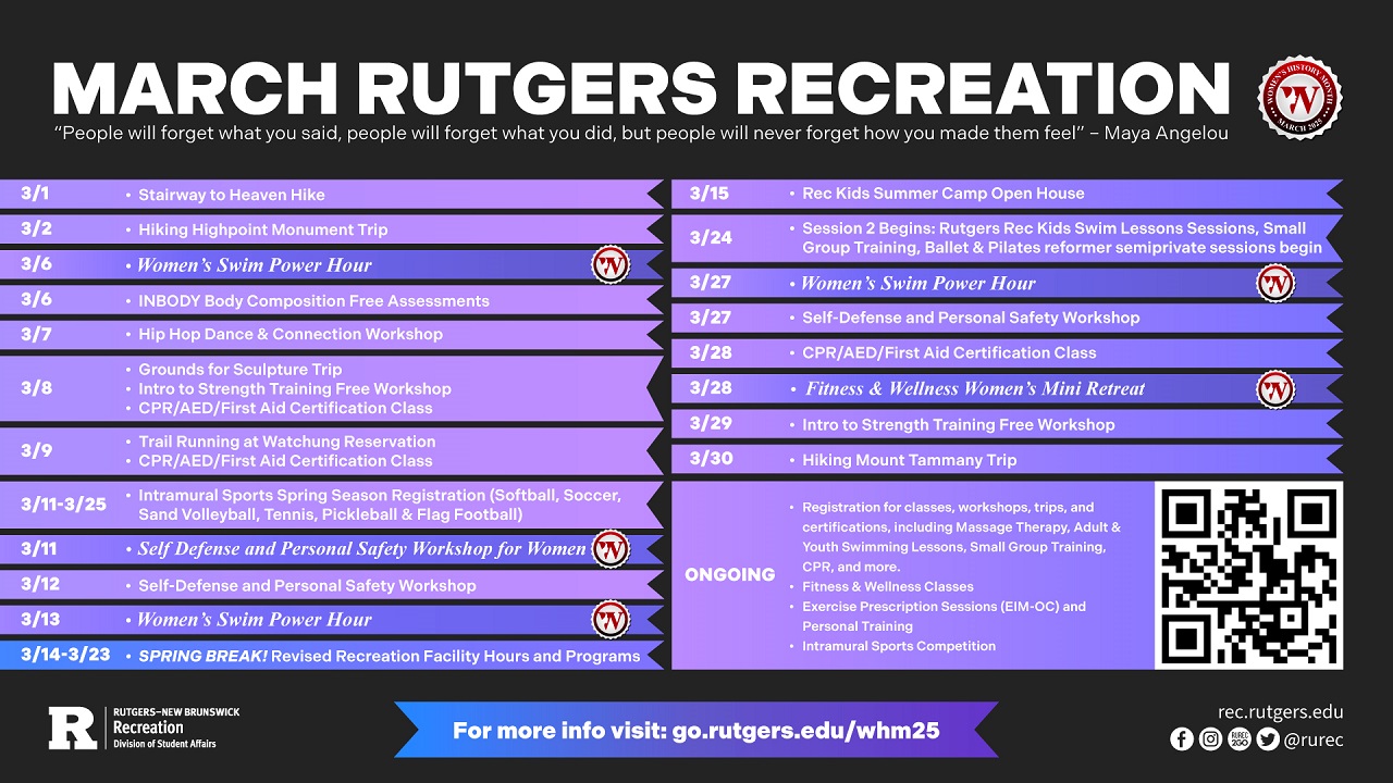 Calendar of recreation events for March 2025,purple table on black background