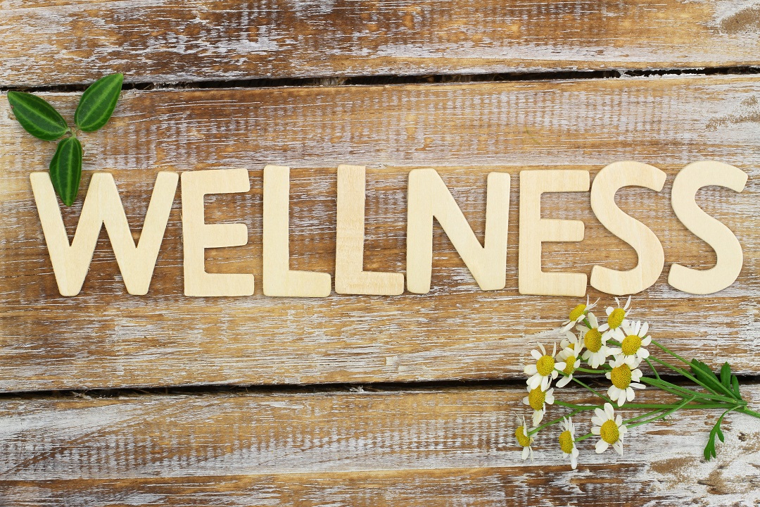 Image of wood plank with small flowers tucked in boards, and the word Wellness