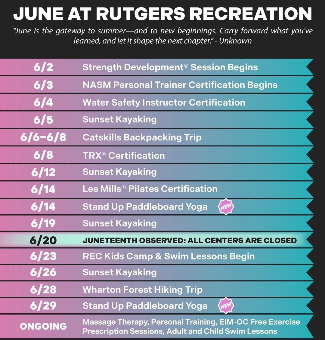 calendar of activities for Rutgers Recreation for the month of June 2025