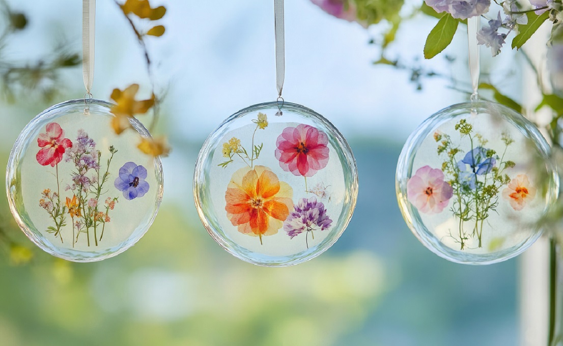 image of three clear circular suncatchers with flowers inside