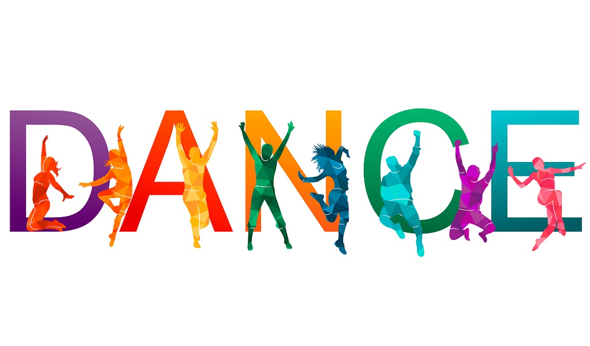 The word "dance" in caps and colors, with silhouettes of figures dancing