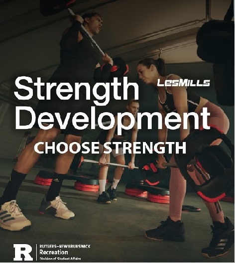 Flyer for Strength Development series, with image of people lifting weights in a gym