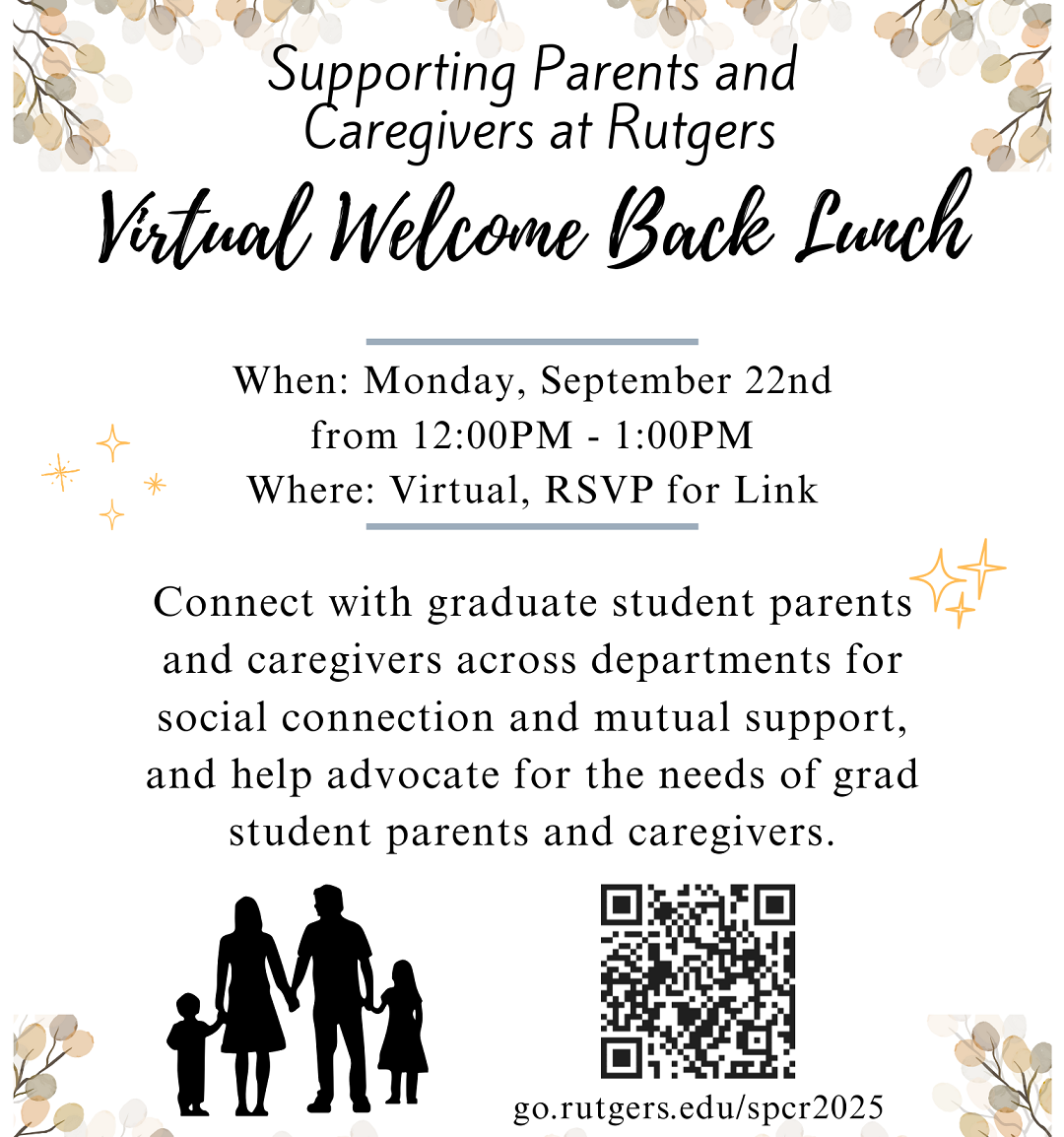 Flyer for virtual lunch for grad student parents and caregivers at Rutgers