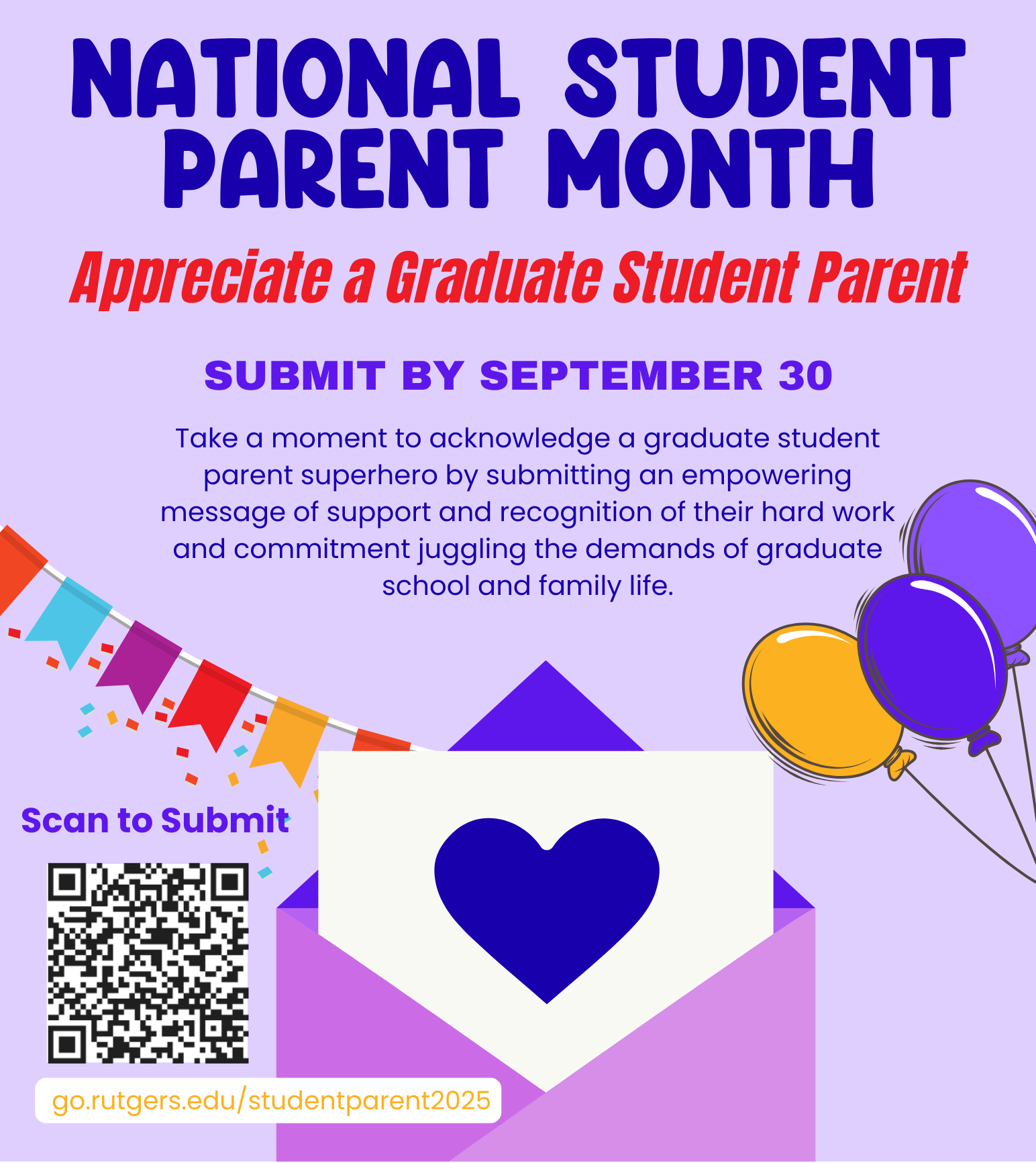 Flyer for National Student Parent Month event to show support for student parents, purple background image of letter in envelope.