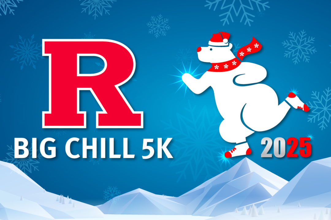 Cartoon image of polar bear with running shoes, advertising the Rutgers Big Chill 5k. Blue background with mountains in foreground.