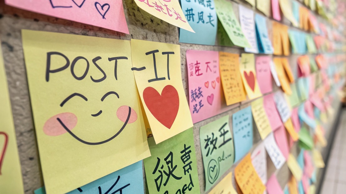 Image of wall with colorful post notes on it