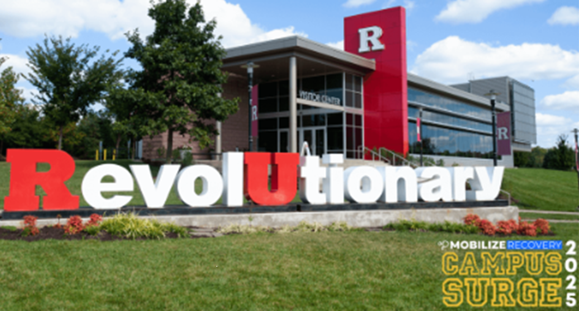 Image of Rutgers building with the word RevolUtionary in block letters in front of building
