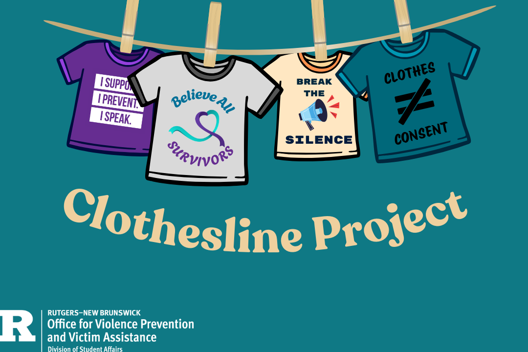 Image of t-shirts hanging on clothesline with anti-violence messages on shirts