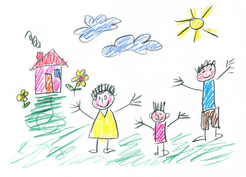 Hand-drawn image of family in their yard