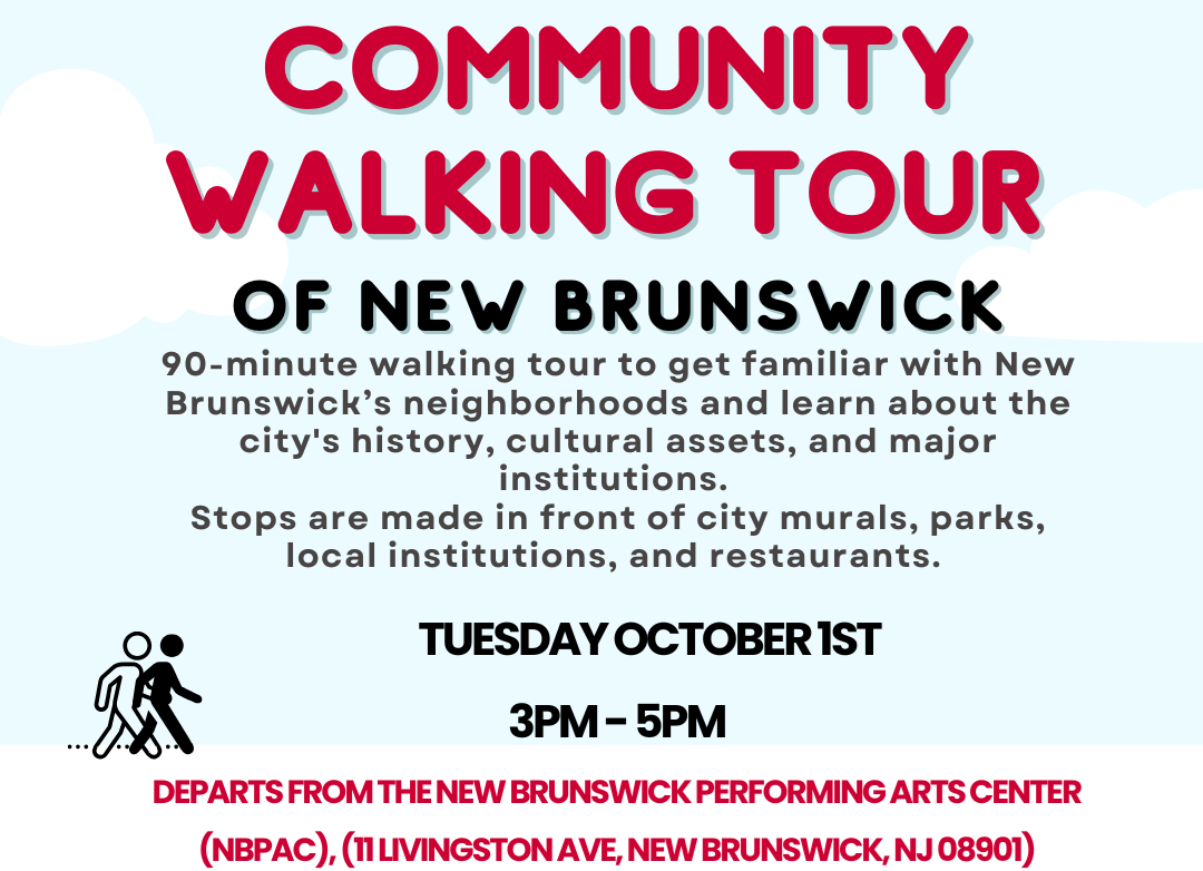 flyer for community walking tour of new brunswick, sky background with red and black lettering