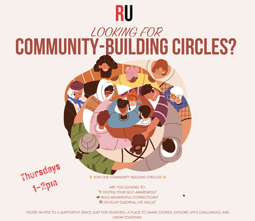 Flyer for CAPS community building circle event on Thursdays, image of small group sitting in a circle talking