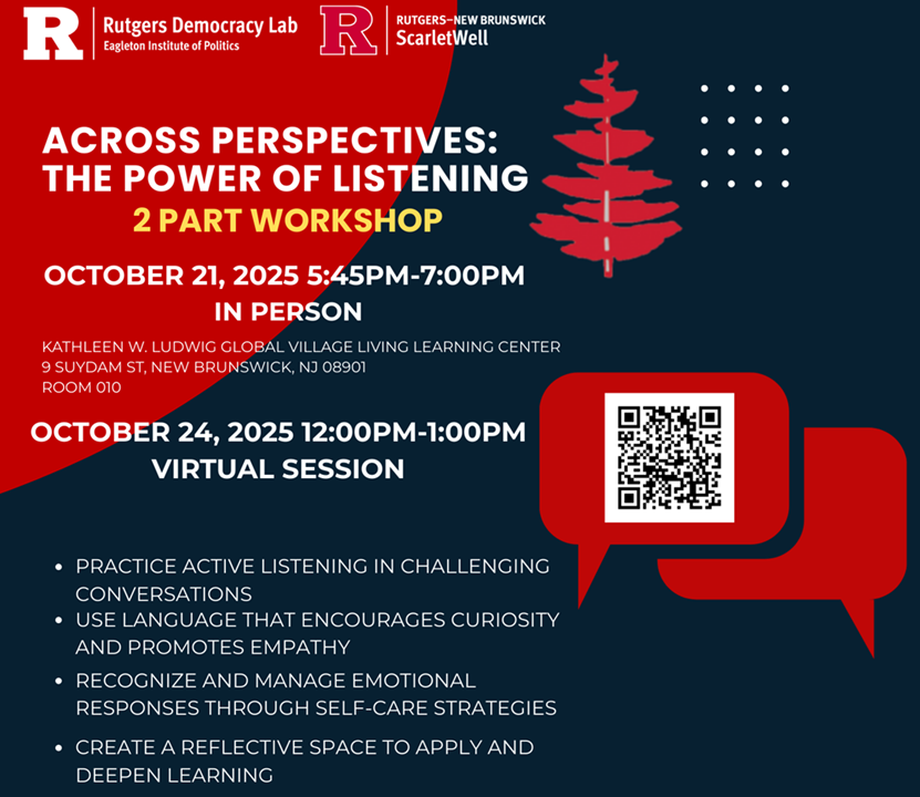 Flyer for Across Perspectives two part workshop focused on listening, blue background with red accents and white lettering