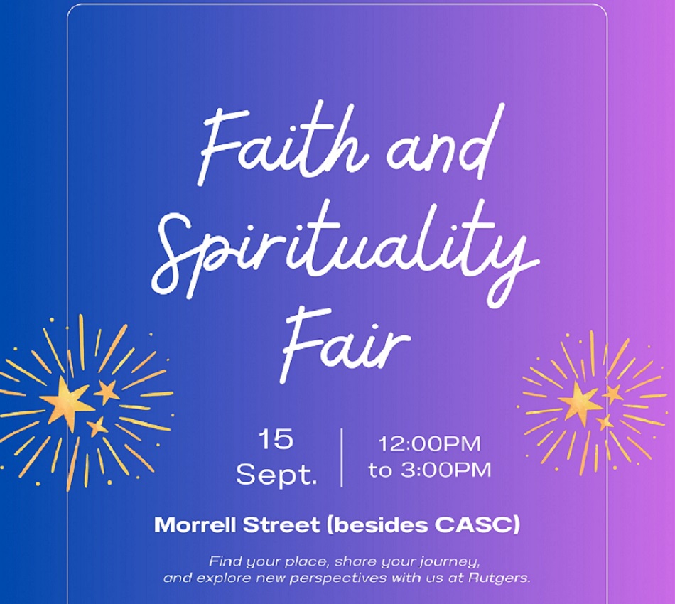 flyer for faith and spirituality fair, with muted background in shades of blue purple and pink
