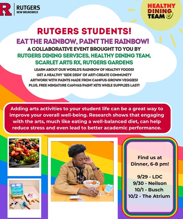 flyer for eat the rainbow, paint the rainbow workshop focused on healthy eating and art