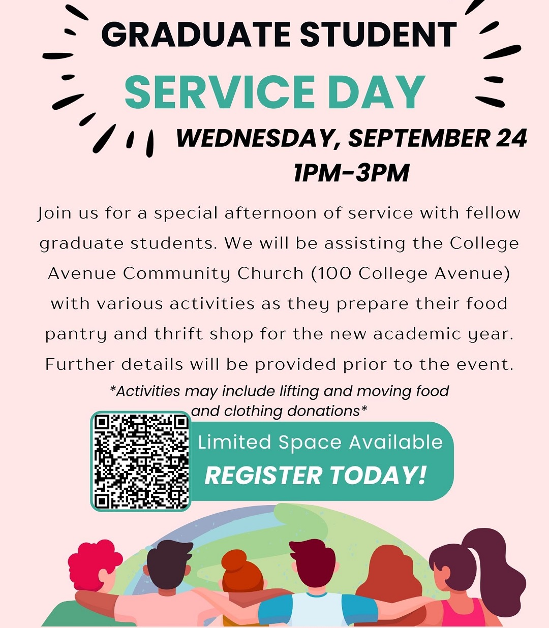 flyer for Graduate student service day, pink background, image of people with arms around each other