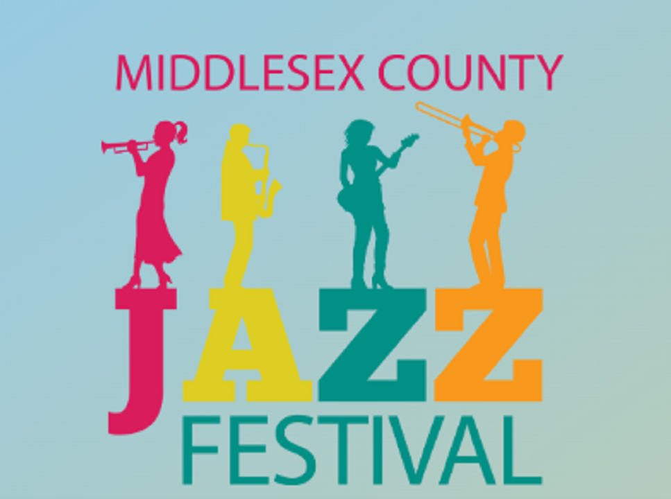 Image for Middlesex County Jazz Festival with the word Jazz and silhouettes of musicians in bright colors
