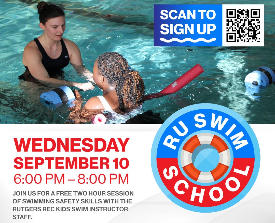 Flyer for Swim School with image of swim instructor and student in pool with floating device