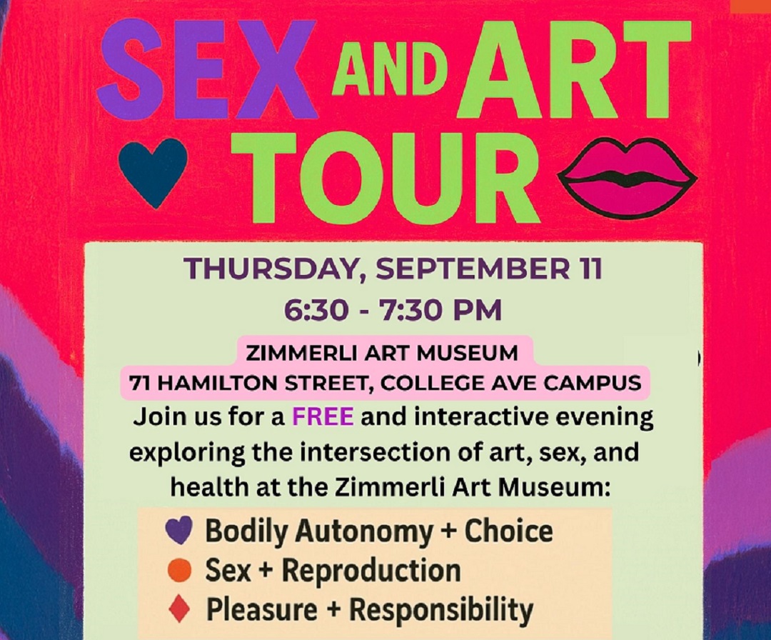 Flyer for Sex and Art Tour at Zimmerli museum, red background and details of the event
