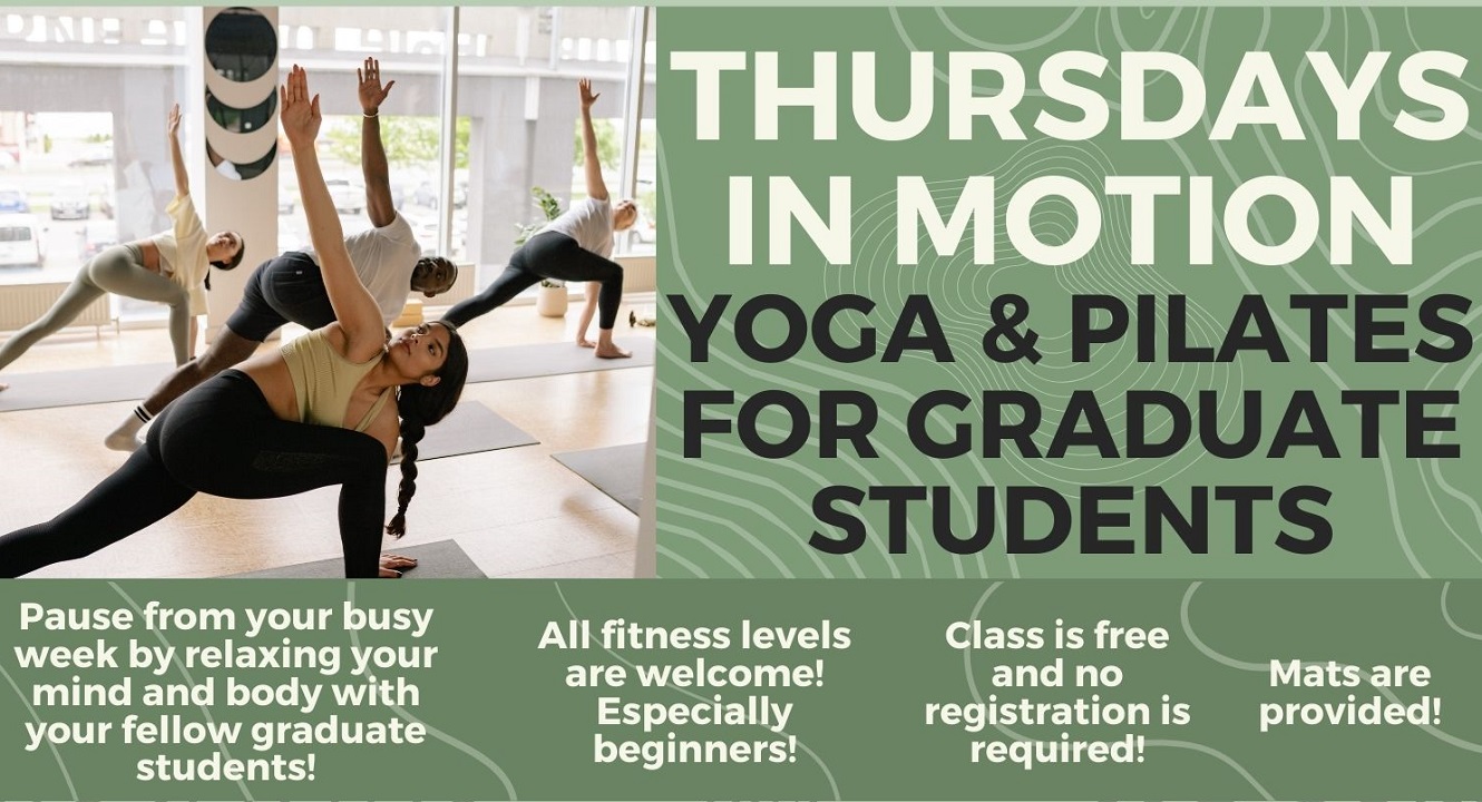 Flyer for Thursdays in Motion Yoga and Pilates series with image of people in yoga poses, green background