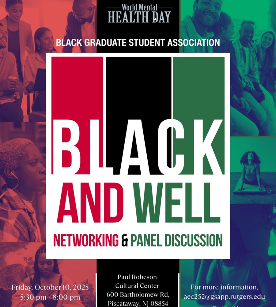 flyer for Black and Well Networking and Panel Discussion event, red black and green tones, images of people meeting in background