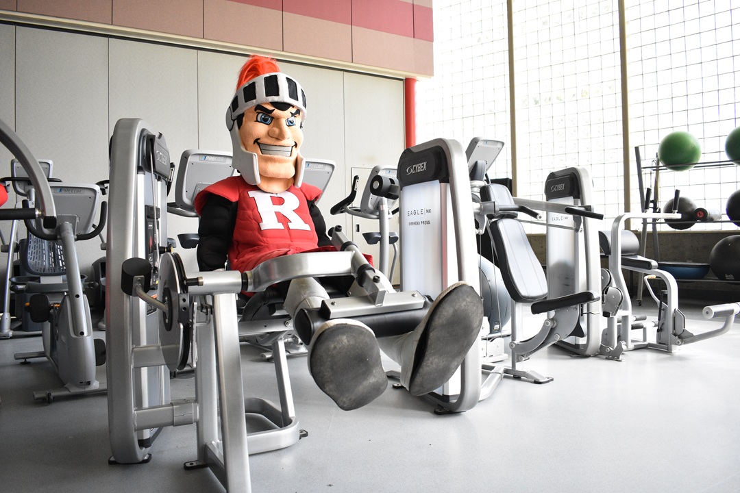 Image of Rutgers Scarlet Knight Mascot on a piece of exercise equipment at the gym