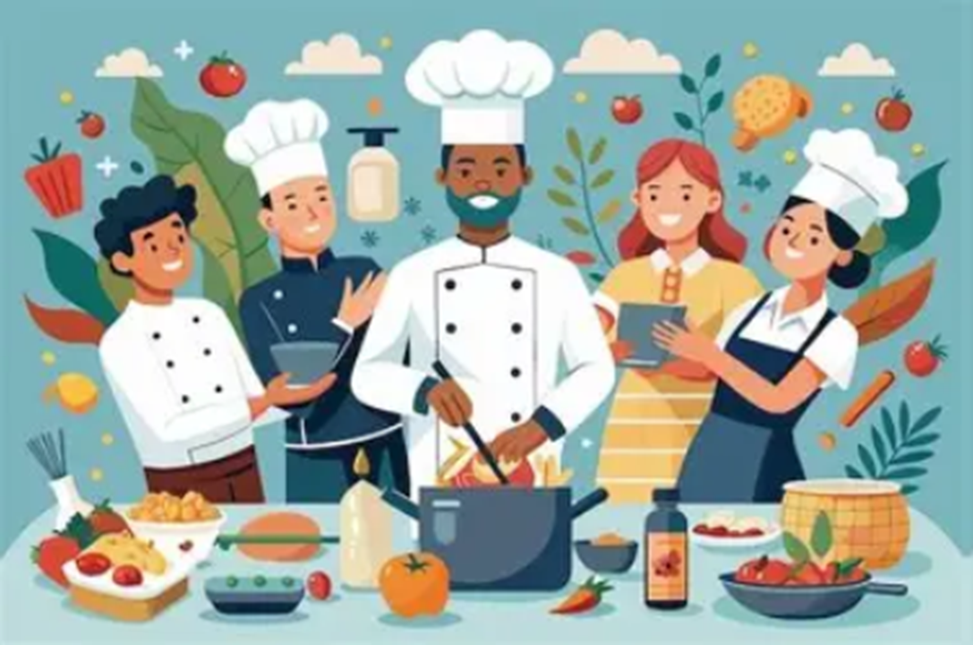 cartoon image of a chef and four others preparing food, with a large pot and ingredients shown in foreground, flowers, sky and clouds in background