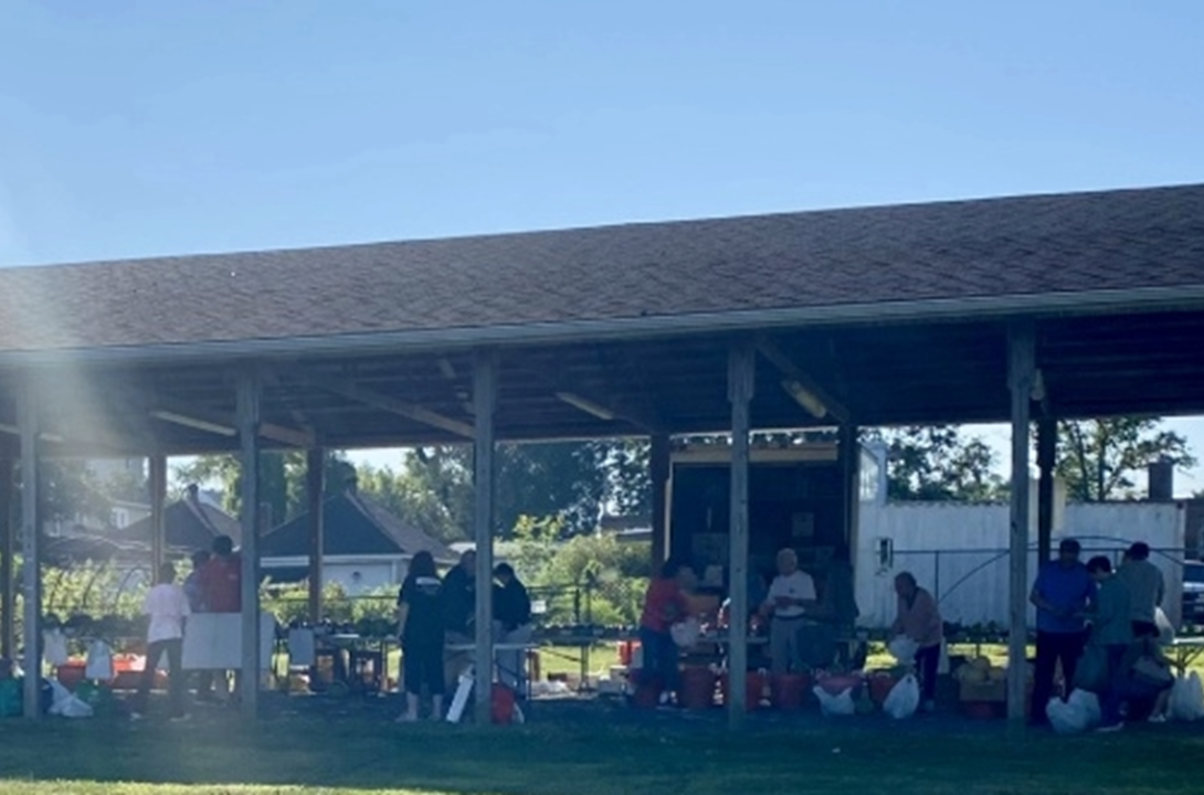 Image of people shopping at an outdoor farmers market under a wooden pavilion. Trucks full of produce in background.