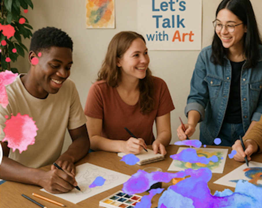 Image of three people smiling as they do an art project at a table