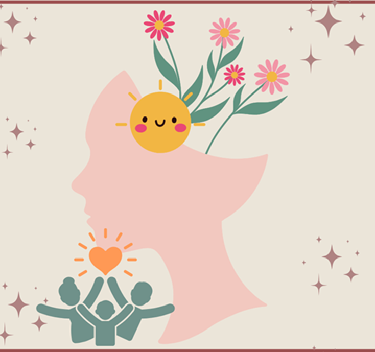 Pink silhouette of a woman with flowers and yellow smiley face at the top of her head, representing mental wellness. Also shown, at the bottom, is a green silhouette of three people holding up an orange heart, representing love and self-compassion.