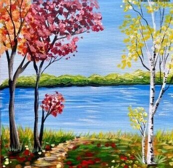 Painted image of trees with colorful leaves around a lake or other small body of water