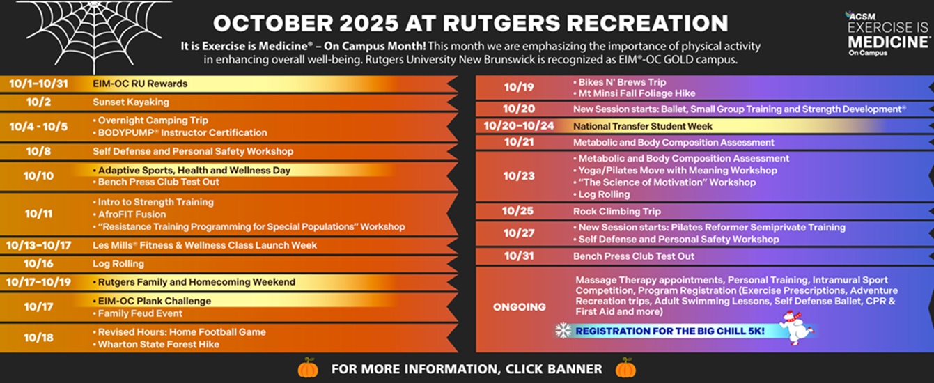 Calendar of events for October 2025 sponsored by Rutgers Recreation