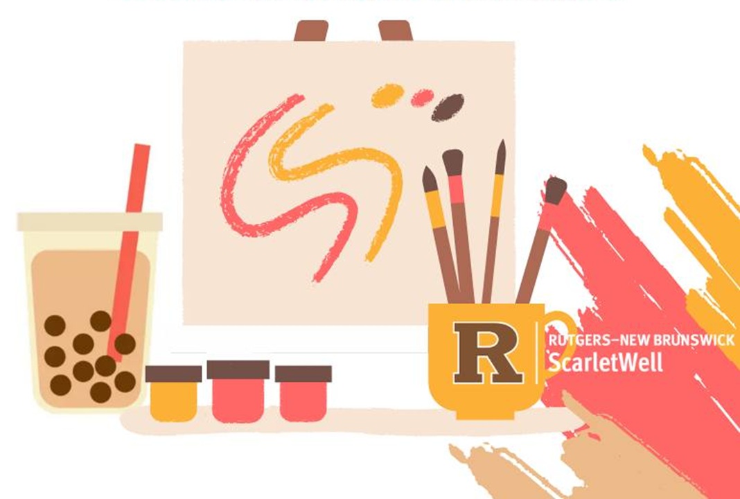 Image of paint easel, paint and brushes in red and yellow, along with golden mug with a Rutgers R on it in brown, and a cup with a straw and boba floating in it